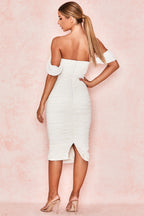 Lemily Ruched Draped Chiffon Dress-White Aclosy
