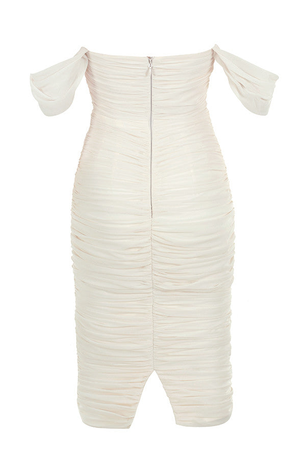 Lemily Ruched Draped Chiffon Dress-White Aclosy