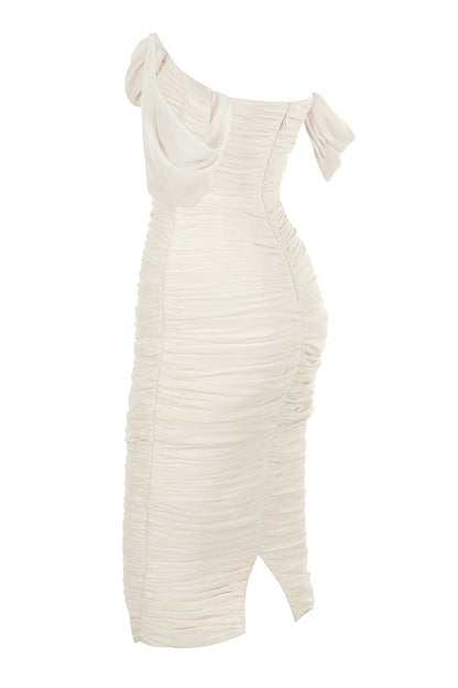 Lemily Ruched Draped Chiffon Dress-White Aclosy