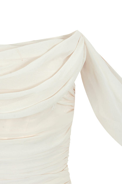 Lemily Ruched Draped Chiffon Dress-White Aclosy