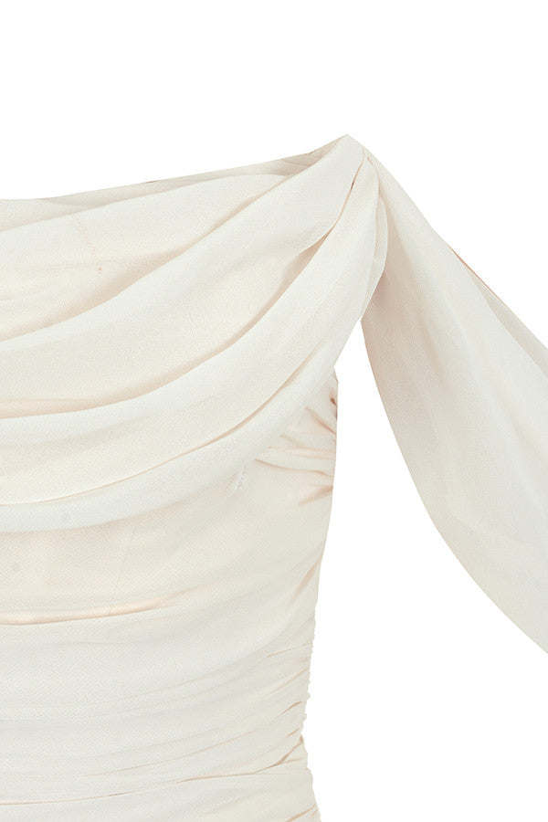 Lemily Ruched Draped Chiffon Dress-White Aclosy