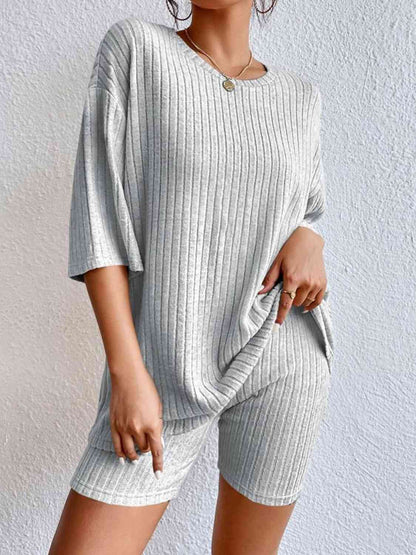 Ribbed Round Neck Top and Shorts Set Trendsi