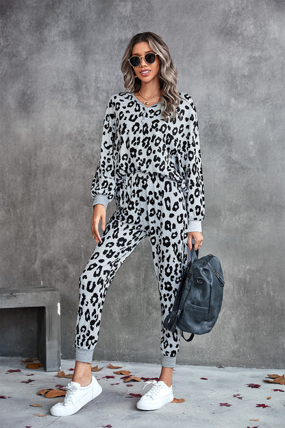 Leopard V-Neck Dropped Shoulder Loungewear Set Trendsi