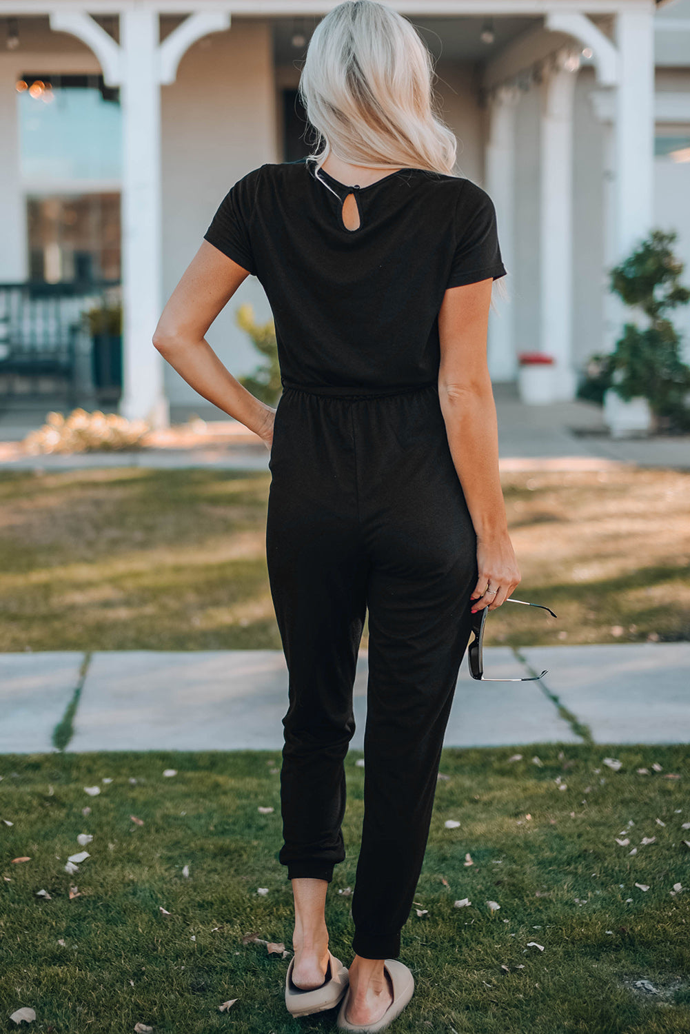 Belted V-Neck Jogger Jumpsuit Aclosy+