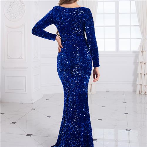 Women Modest Stretch Sequin Royal Blue Evening Prom Gown Party aclosy