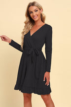 Long Sleeve Tie Waist Ruffle Hem Dress Trendsi