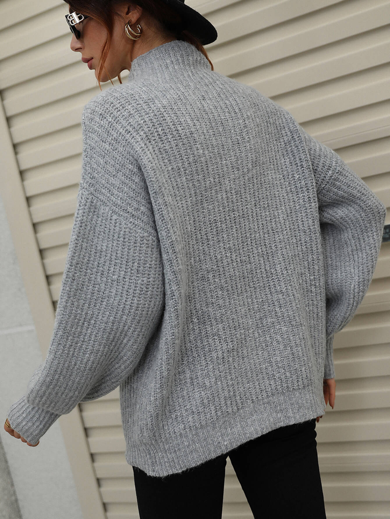 High Neck Balloon Sleeve Rib-Knit Pullover Sweater Trendsi