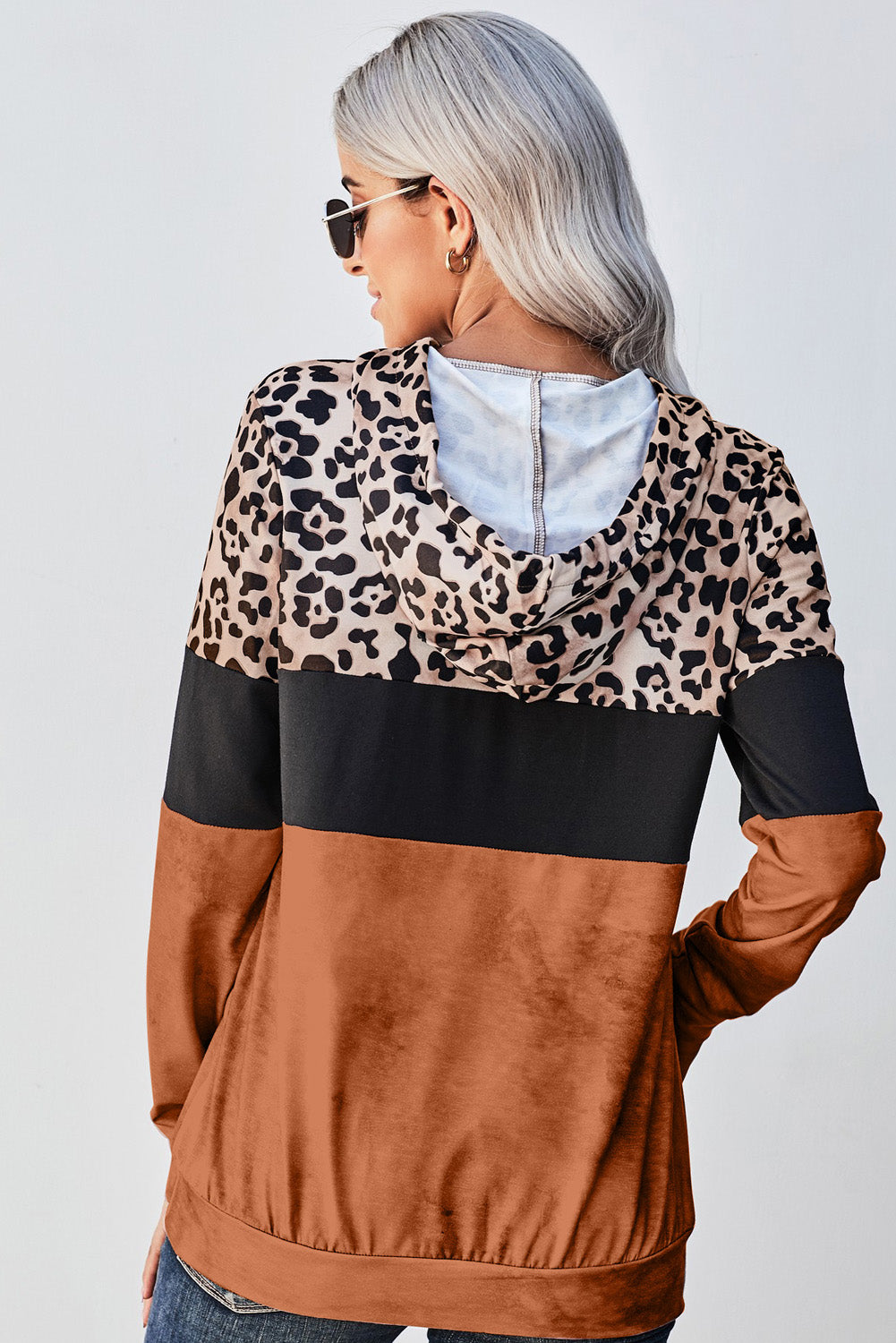 Leopard Color Block Hoodie Trendsi