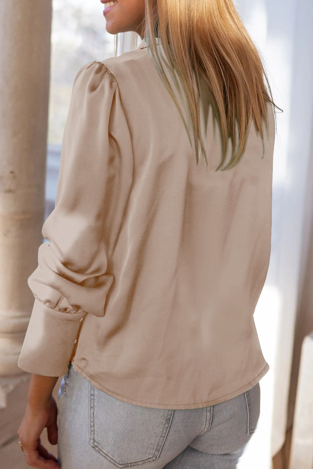 Double Take Lapel Collar Buttoned Puff Sleeve Shirt Trendsi