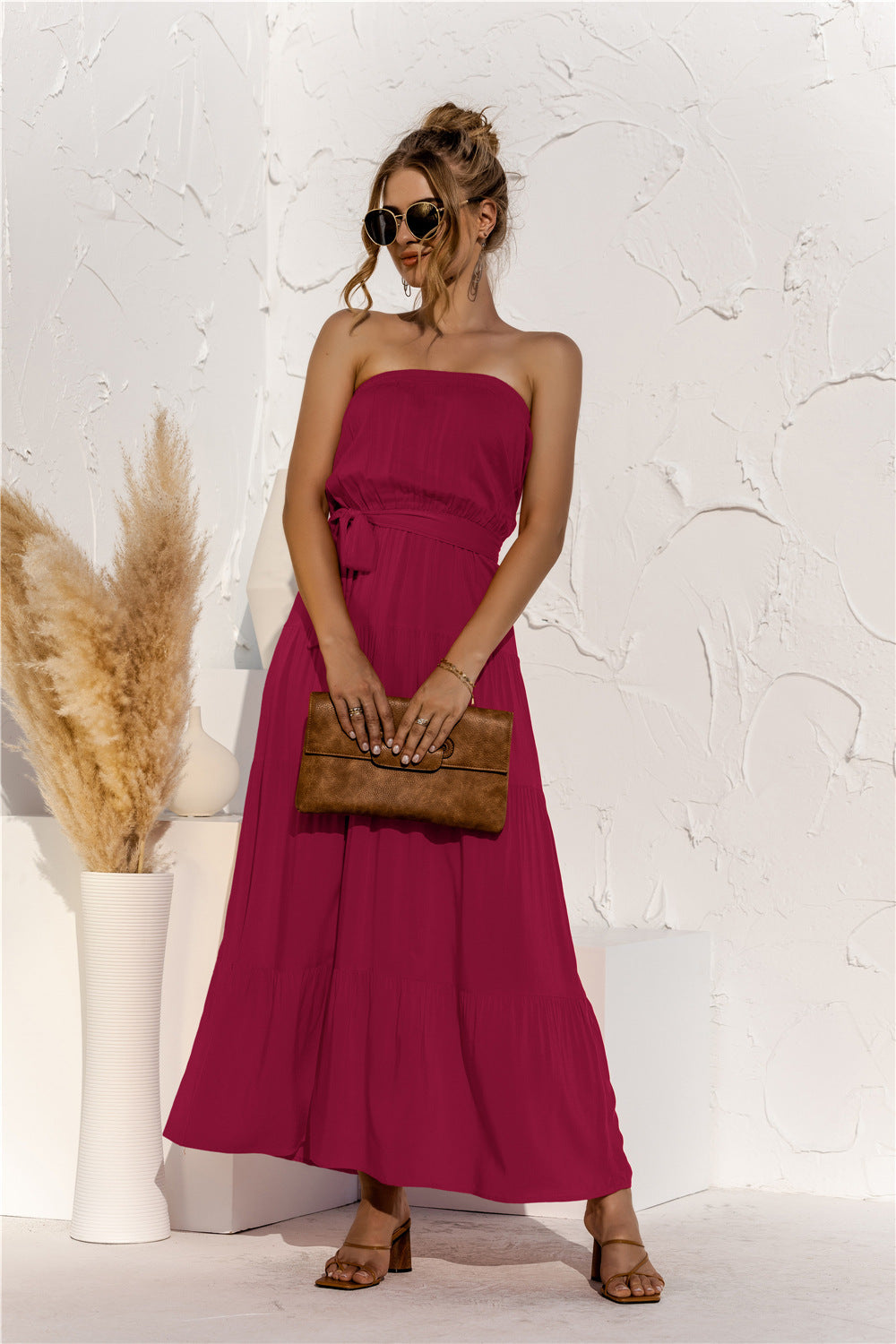 Strapless Tie Waist Tiered Maxi Dress Trendsi