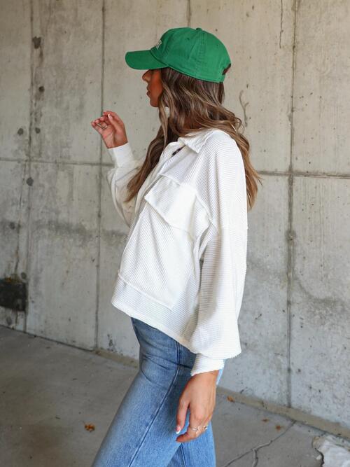 Ribbed Collared Neck Button Up Jacket Trendsi