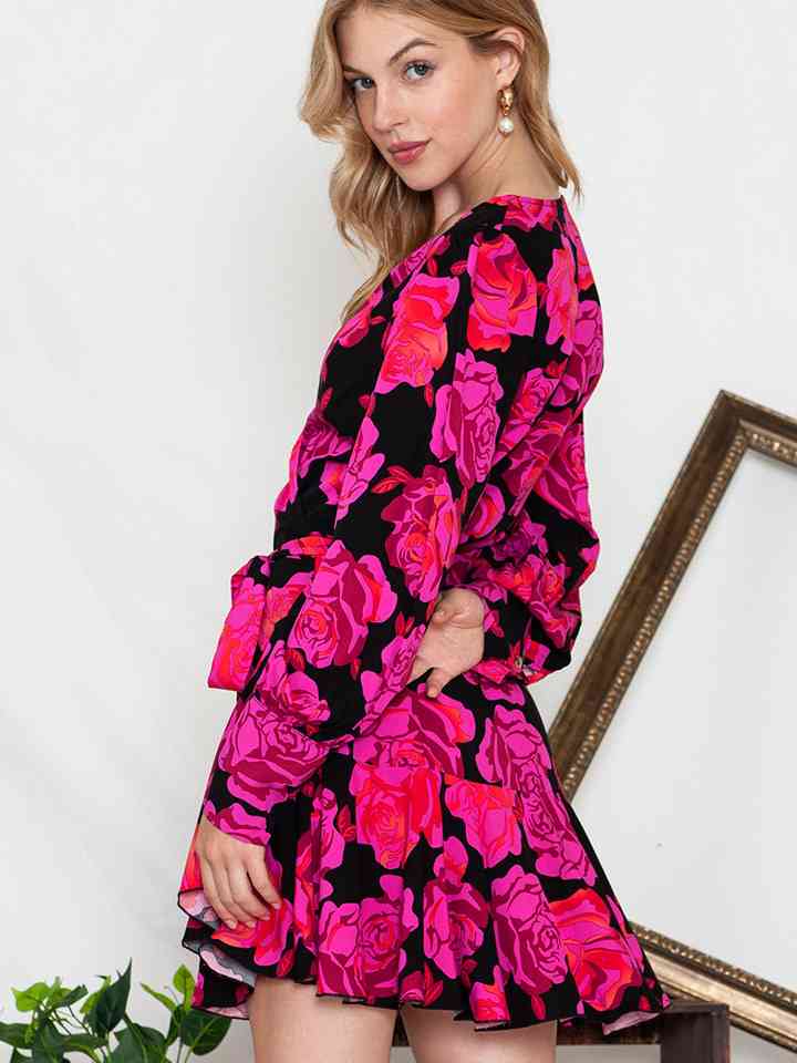 Floral Print Surplice Neck Long Sleeve Dress Trendsi