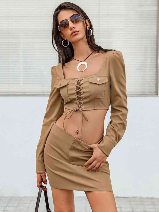 Lace-Up Cropped Top and Skirt Set Trendsi