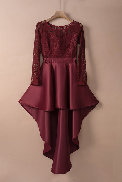 Spliced Lace High-Low Long Sleeve Dress Trendsi