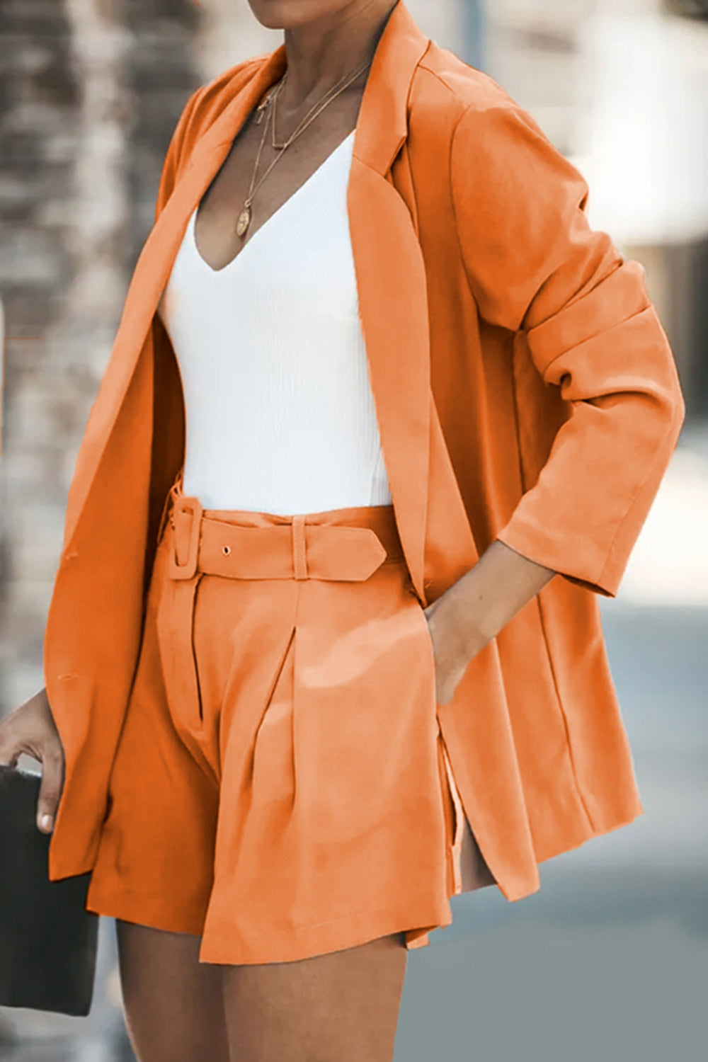 Longline Blazer and Shorts Set with Pockets Trendsi