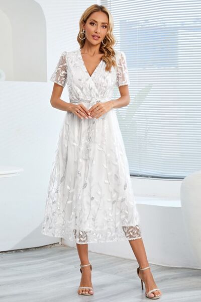 Sequin Leaf Embroidery Tie Front Short Sleeve Dress Trendsi