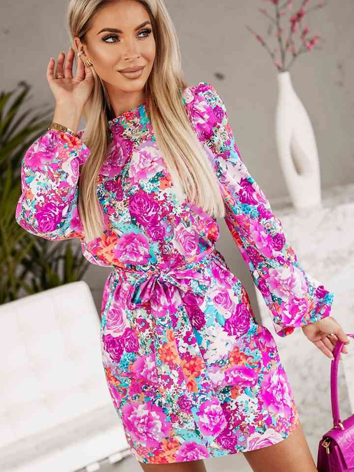 Floral Print Round Neck Long Sleeve Dress Trendsi