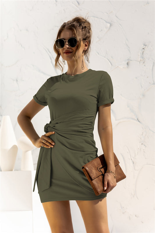 Round Neck Cuffed Sleeve Side Tie Dress Trendsi