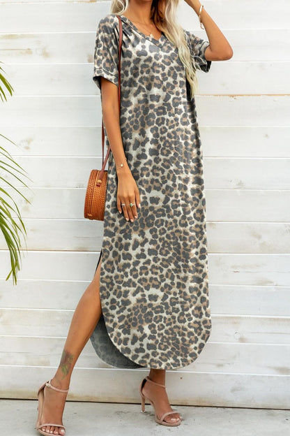 Printed V-Neck Curved Hem Dress Trendsi