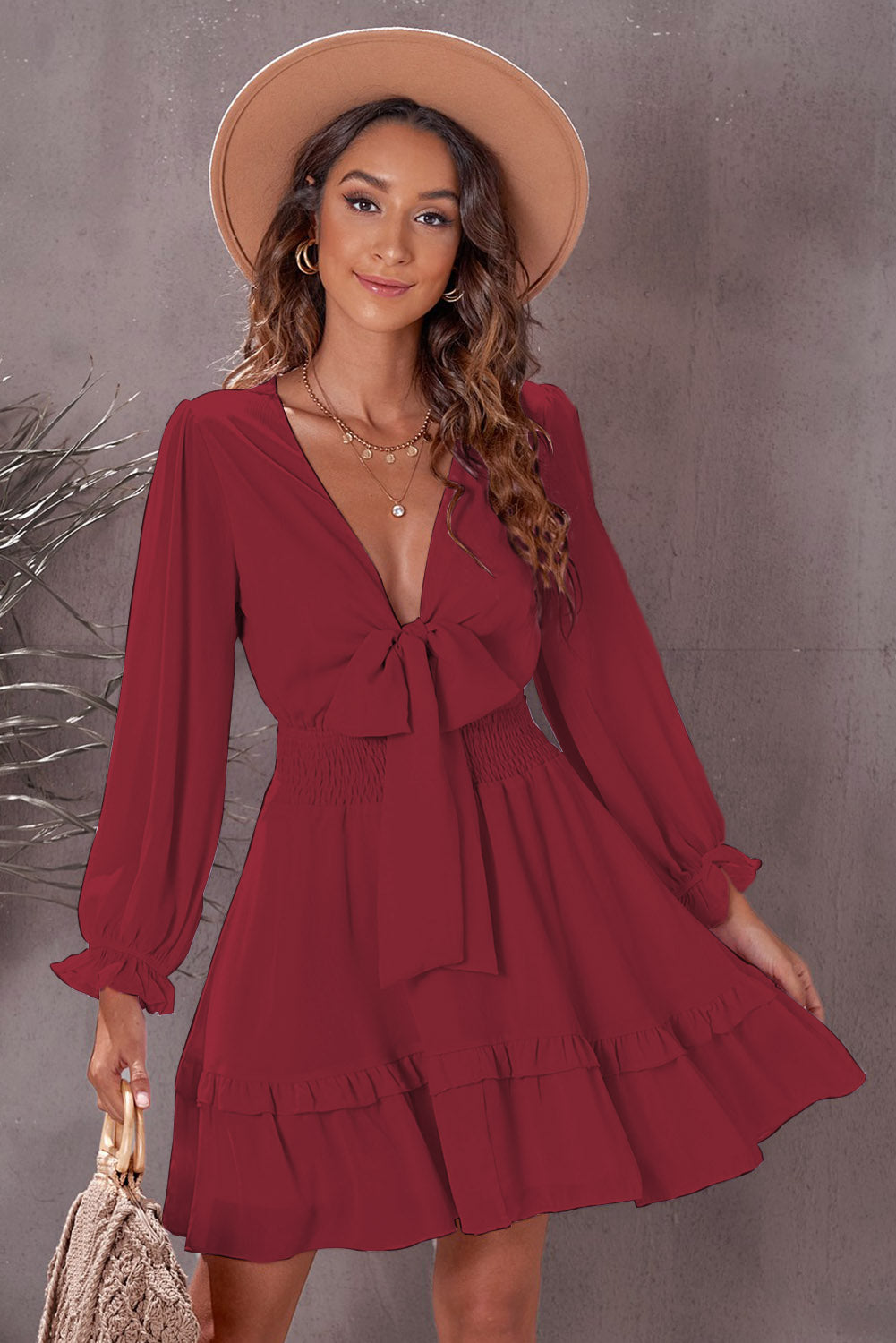 Tied Plunge Smocked Waist Flounce Sleeve Dress Trendsi