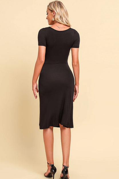 Ruched Sweetheart Neck Short Sleeve Slit Dress Trendsi