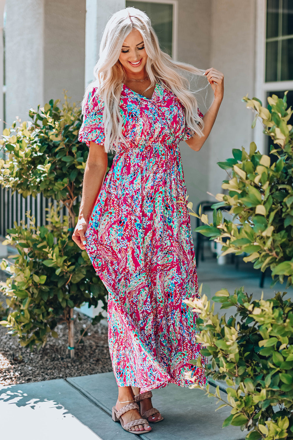 Multicolored V-Neck Maxi Dress Trendsi