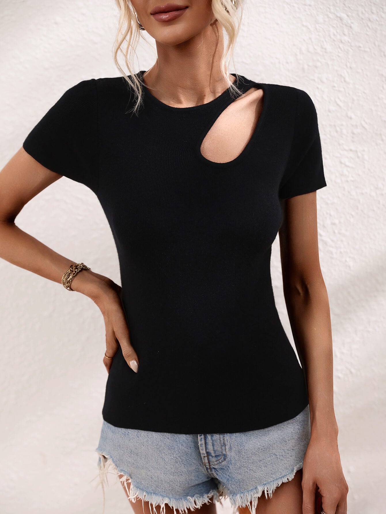 Cutout Round Neck Short Sleeve Knit Top Trendsi