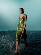 Satin V-neck Side Gathered Dress-Green aclosy