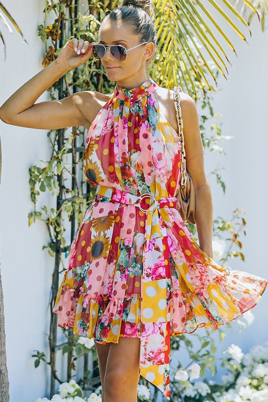 Floral Polka Dot Belted Sleeveless Mini Dress Trendsi