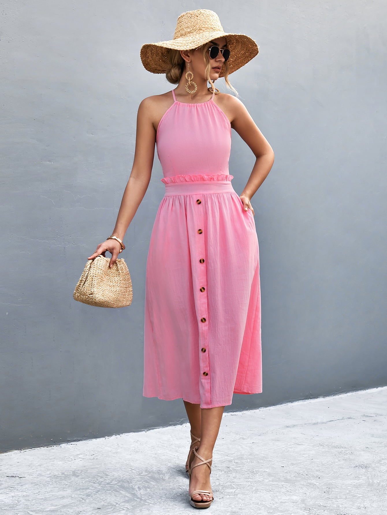 Buttoned Halter Neck Frill Trim Midi Dress Trendsi