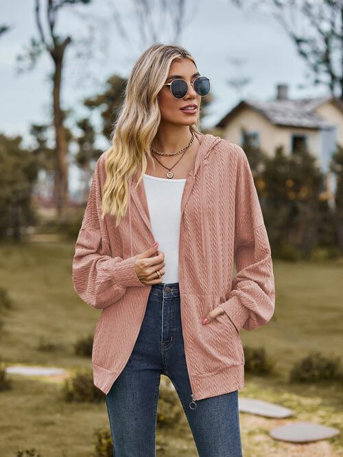 Zip Up Drawstring Long Sleeve Hooded Jacket Trendsi