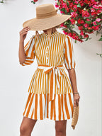 Striped Half Sleeve Tie Waist Mini Dress Trendsi