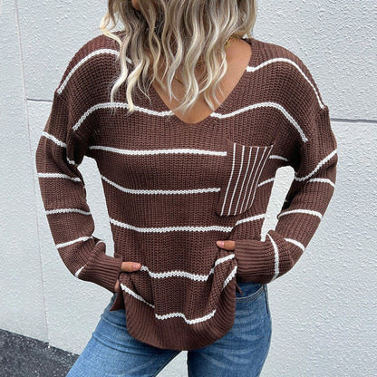 Striped V-Neck Slit Dropped Shoulder Sweater Trendsi