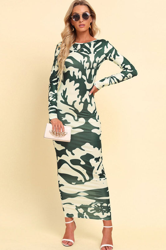 Printed Backless Long Sleeve Maxi Dress Trendsi