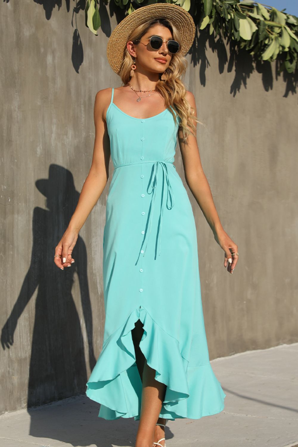 Decorative Button Spaghetti Strap Ruffle Hem Dress Trendsi