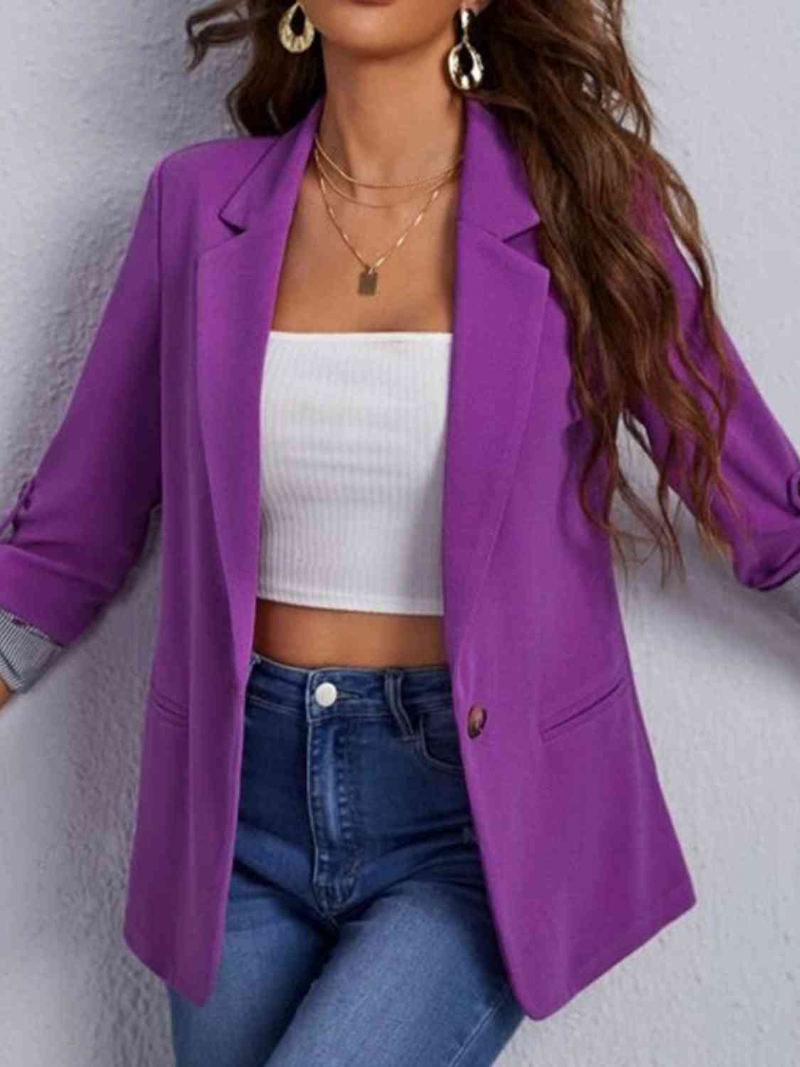 Lapel Collar Roll-Tab Sleeve Blazer Trendsi