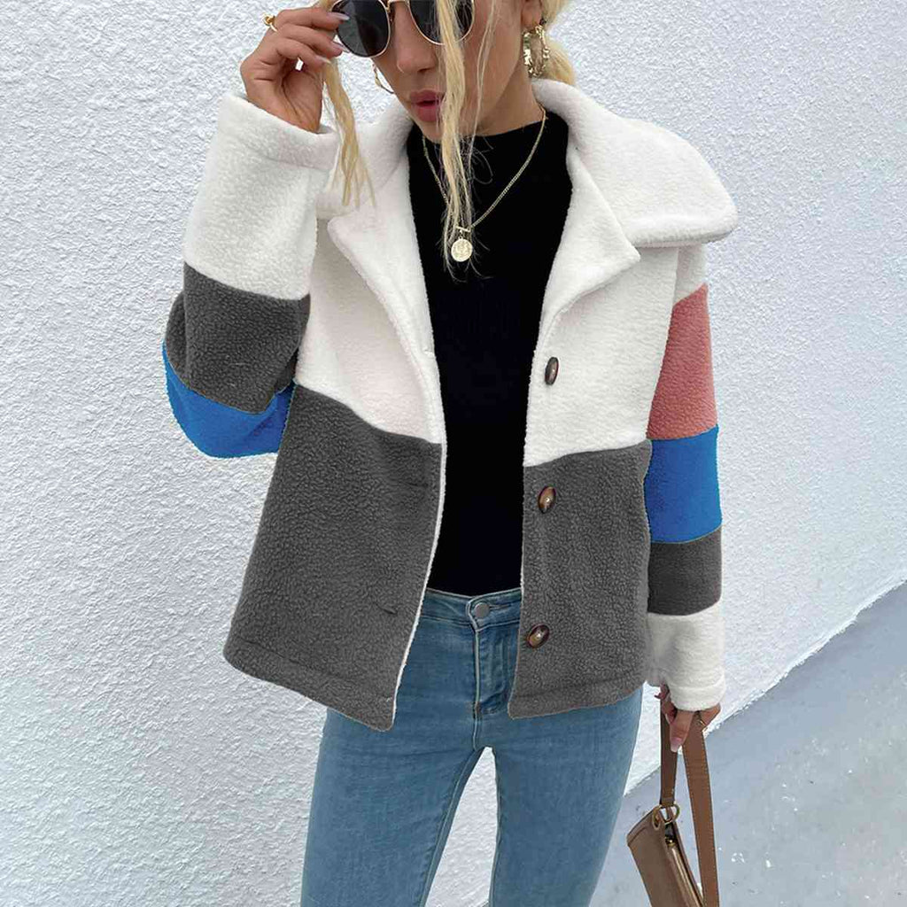 Color Block Button Down Collared Jacket Trendsi