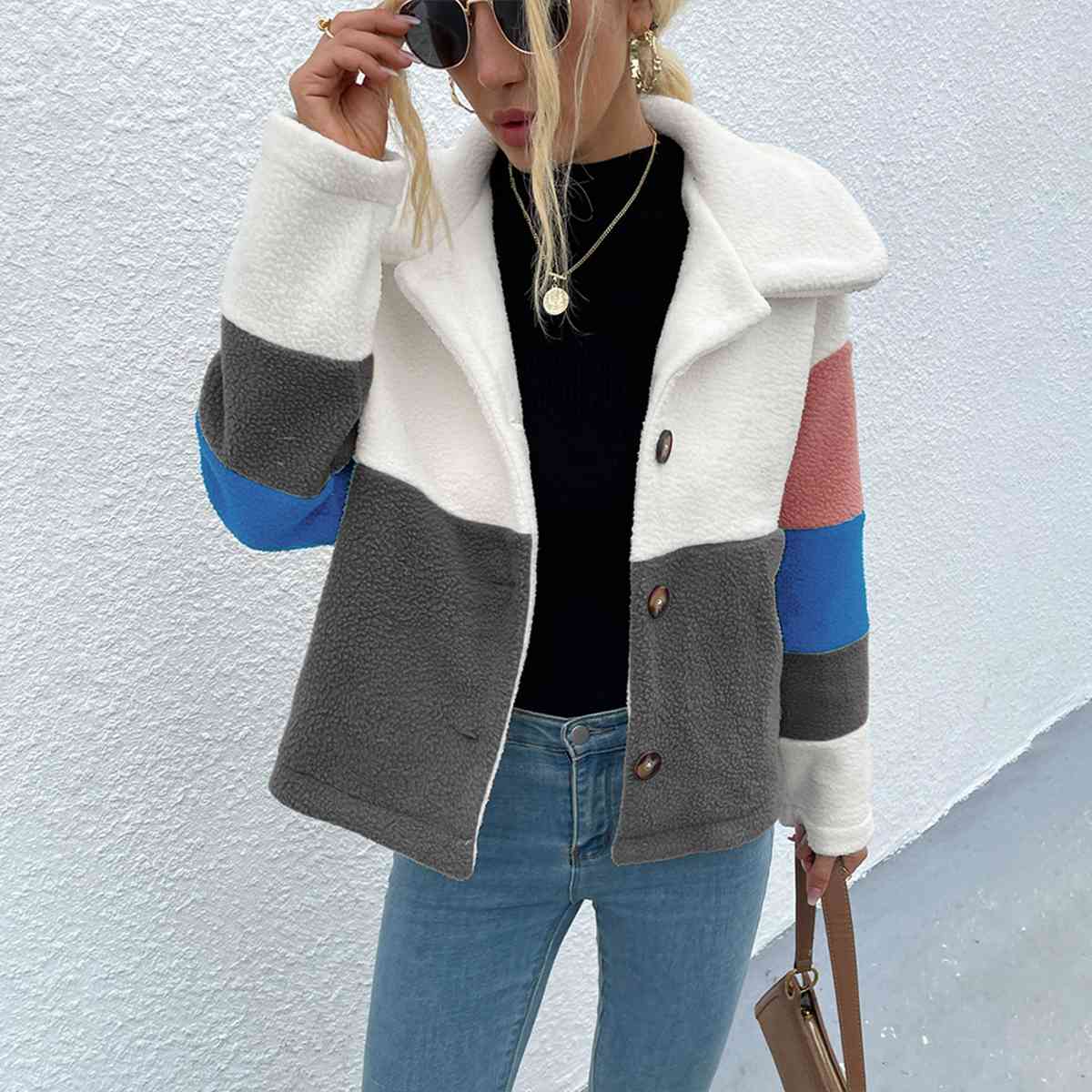 Color Block Button Down Collared Jacket Trendsi