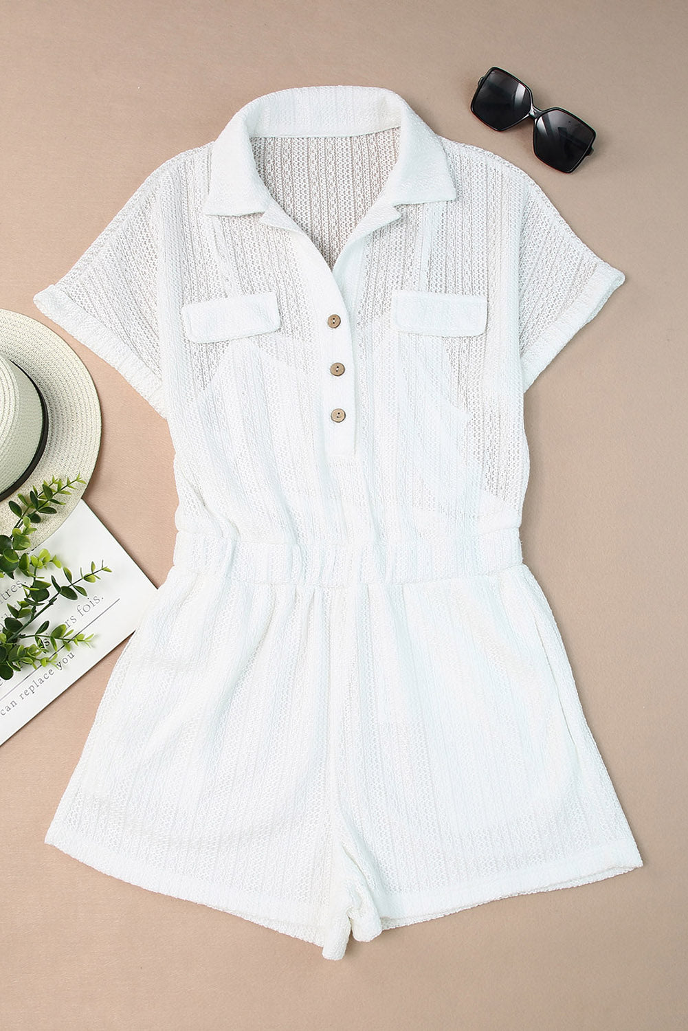 Collared Short Sleeve Romper with Pockets Trendsi