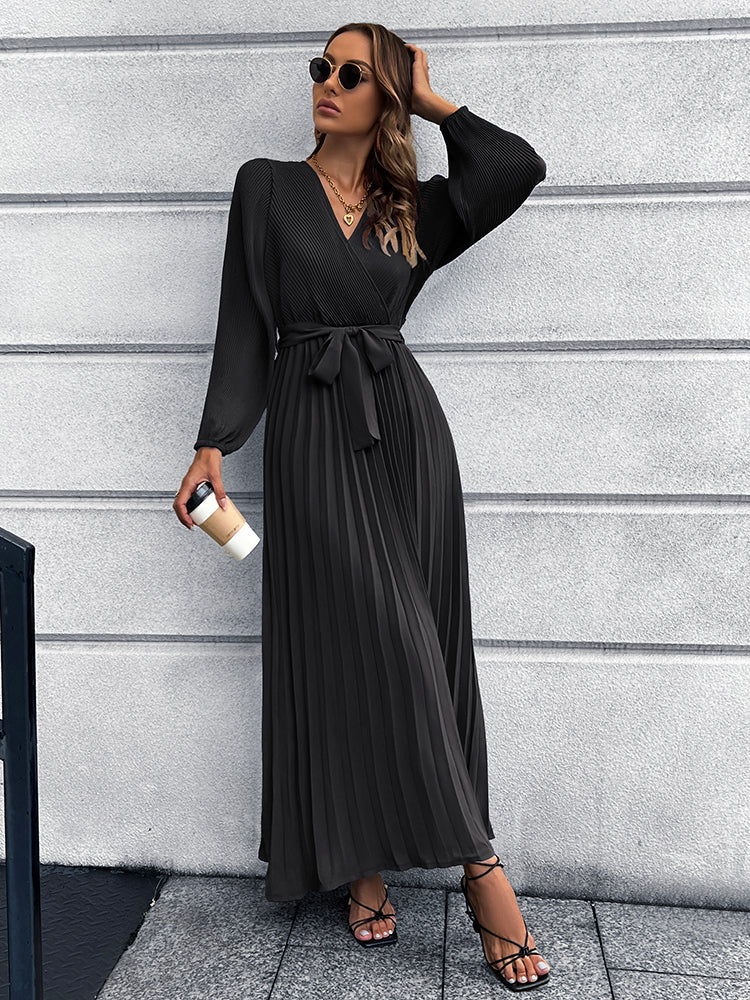 V-Neck Tie Waist Pleated Maxi Dress Trendsi