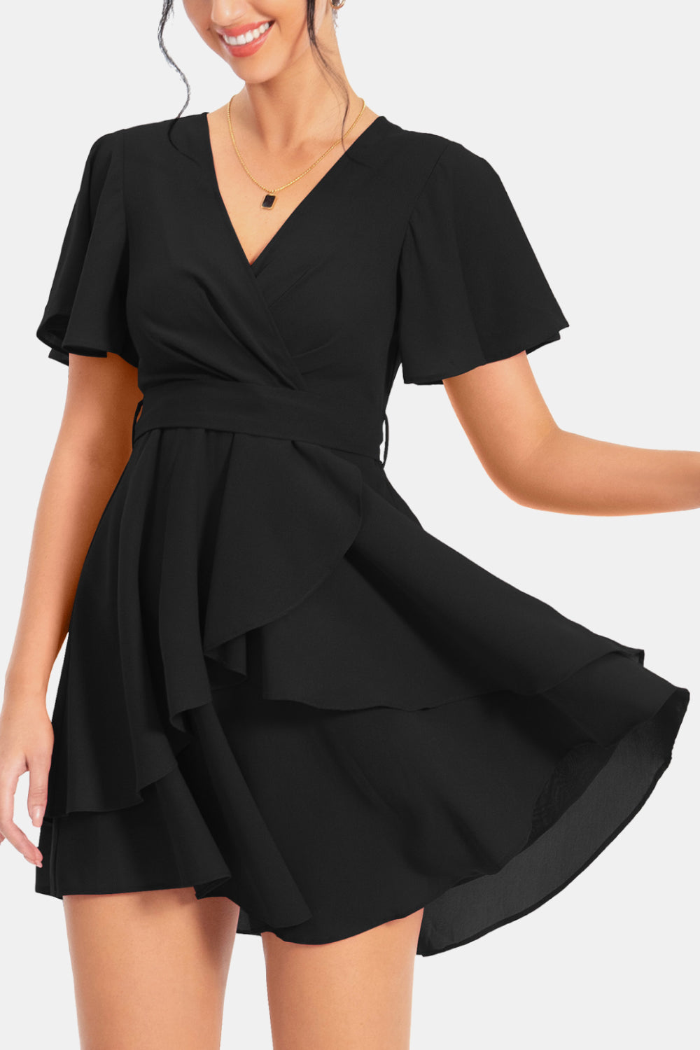 Surplice Neck Flutter Sleeve Dress Trendsi