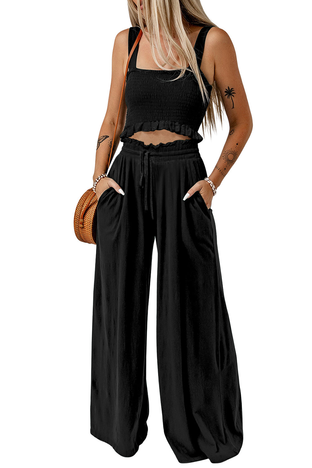 Square Neck Cropped Tank Top and Long Pants Set Trendsi