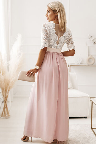 Lace Detail Half Sleeve Slit Dress Trendsi