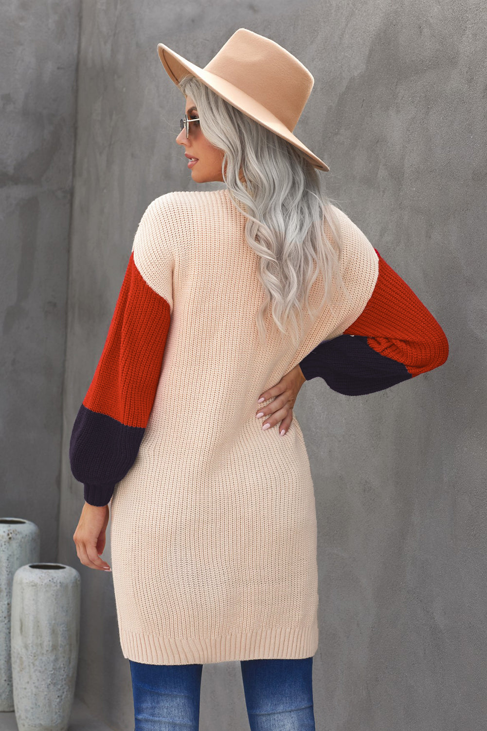 Color Block Rib-Knit Longline Cardigan with Front Pockets Trendsi