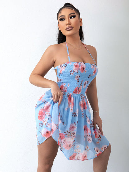Floral Halter Neck Smocked Dress Trendsi