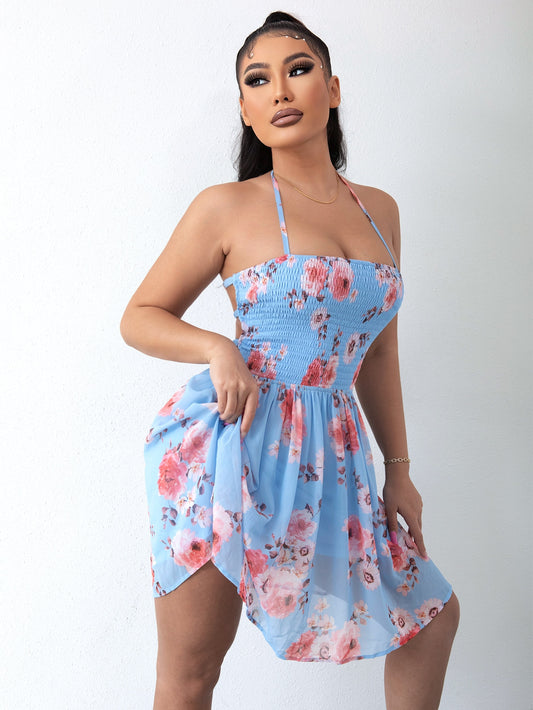 Floral Halter Neck Smocked Dress Trendsi
