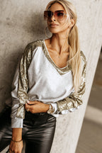 Sequin V-Neck Sweatshirt Trendsi