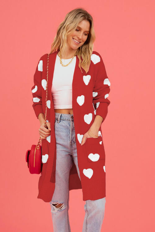 Heart Graphic Open Front Cardigan with Pockets Trendsi