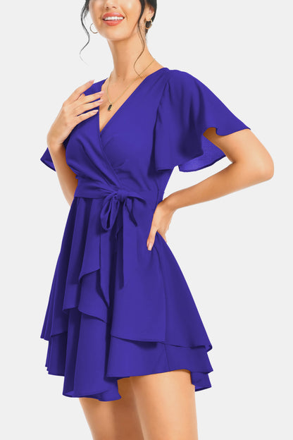 Surplice Neck Flutter Sleeve Dress Trendsi