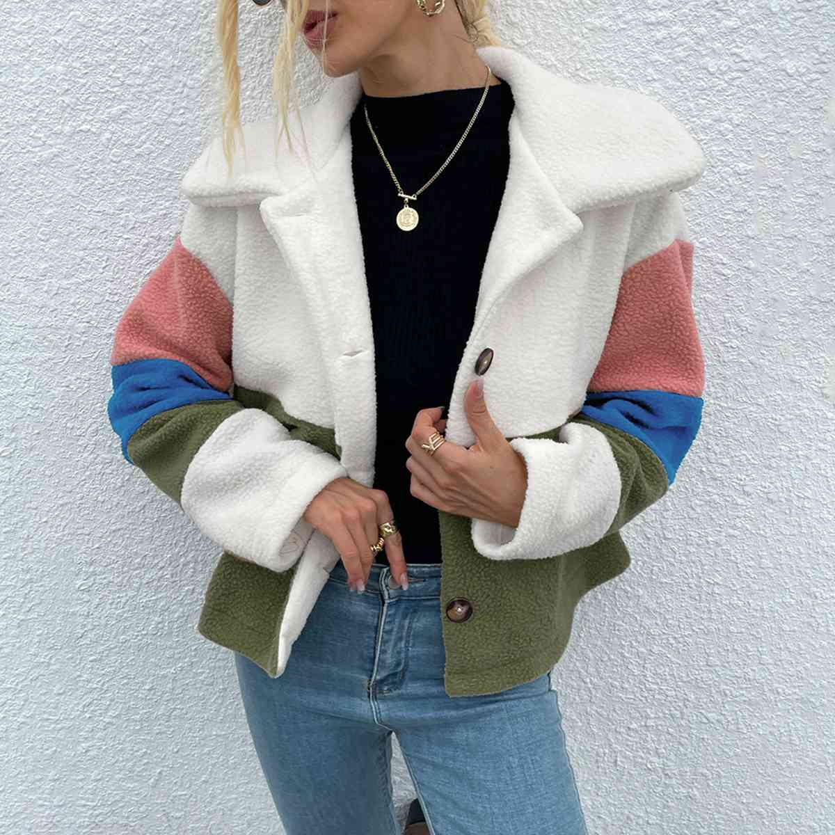 Color Block Button Down Collared Jacket Trendsi